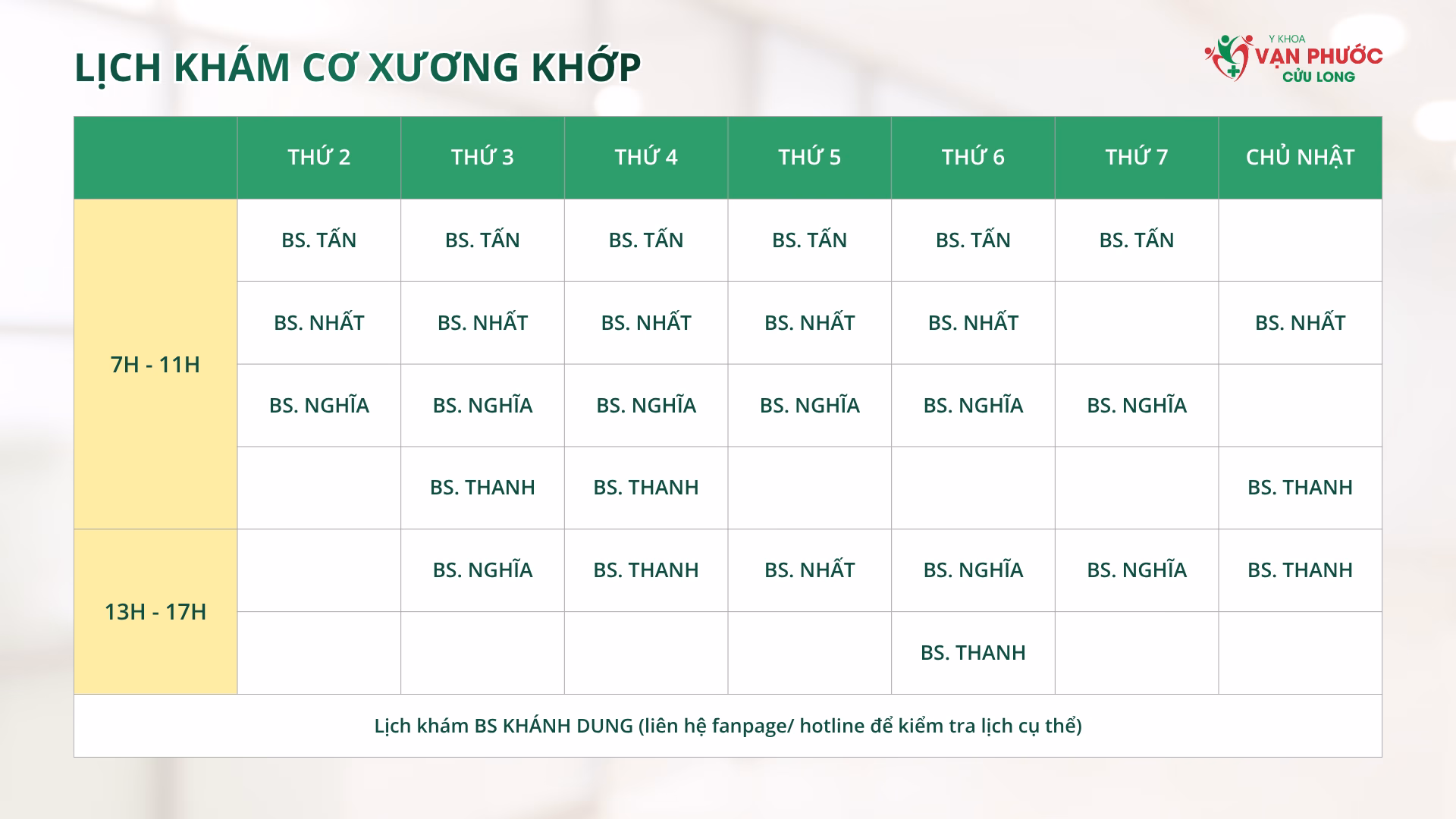 LỊCH KHÁM BỆNH VP26